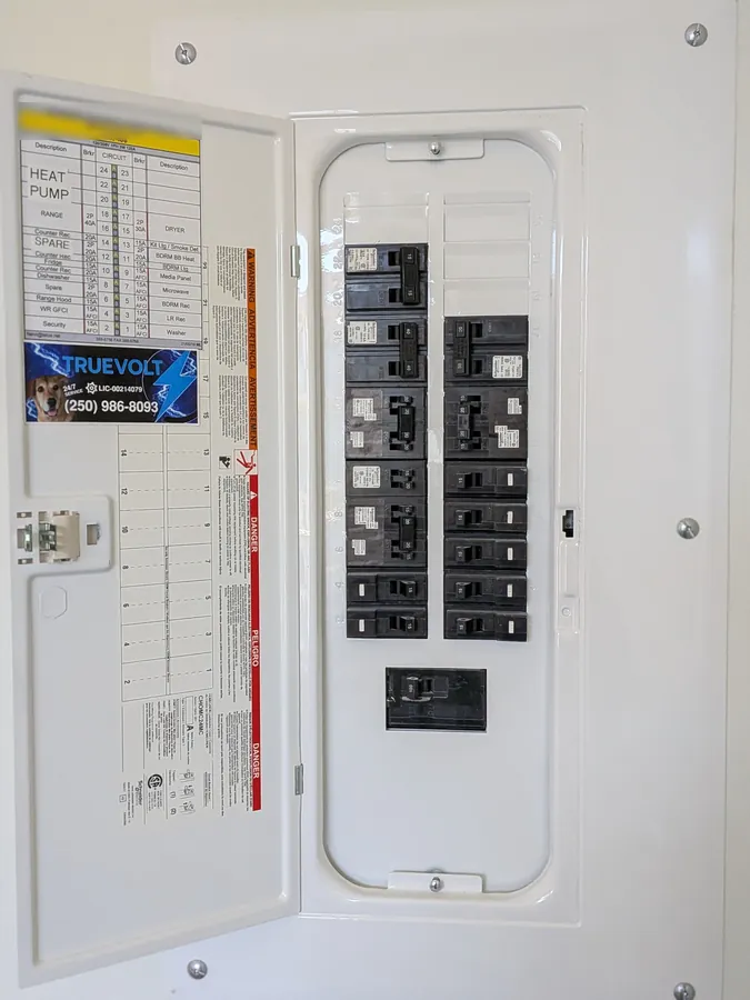Finished residential electrical panel with labelled breakers and a TRUEVOLT Power Systems service sticker